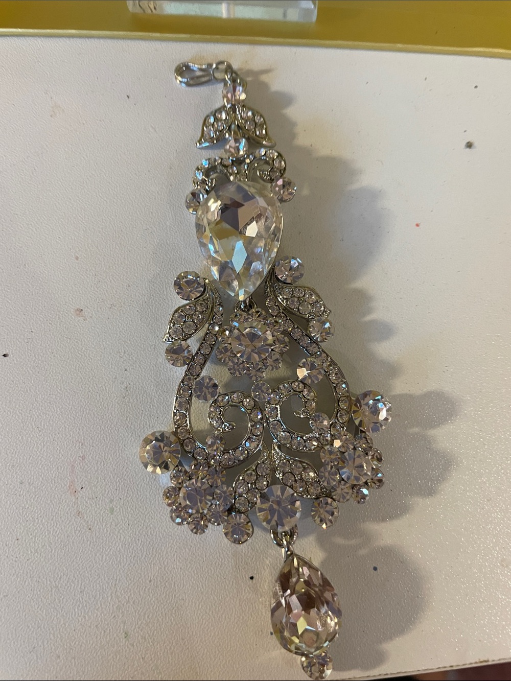 Clear Crystal Teardrop Filigree Pendant Necklace - Silver Tone
